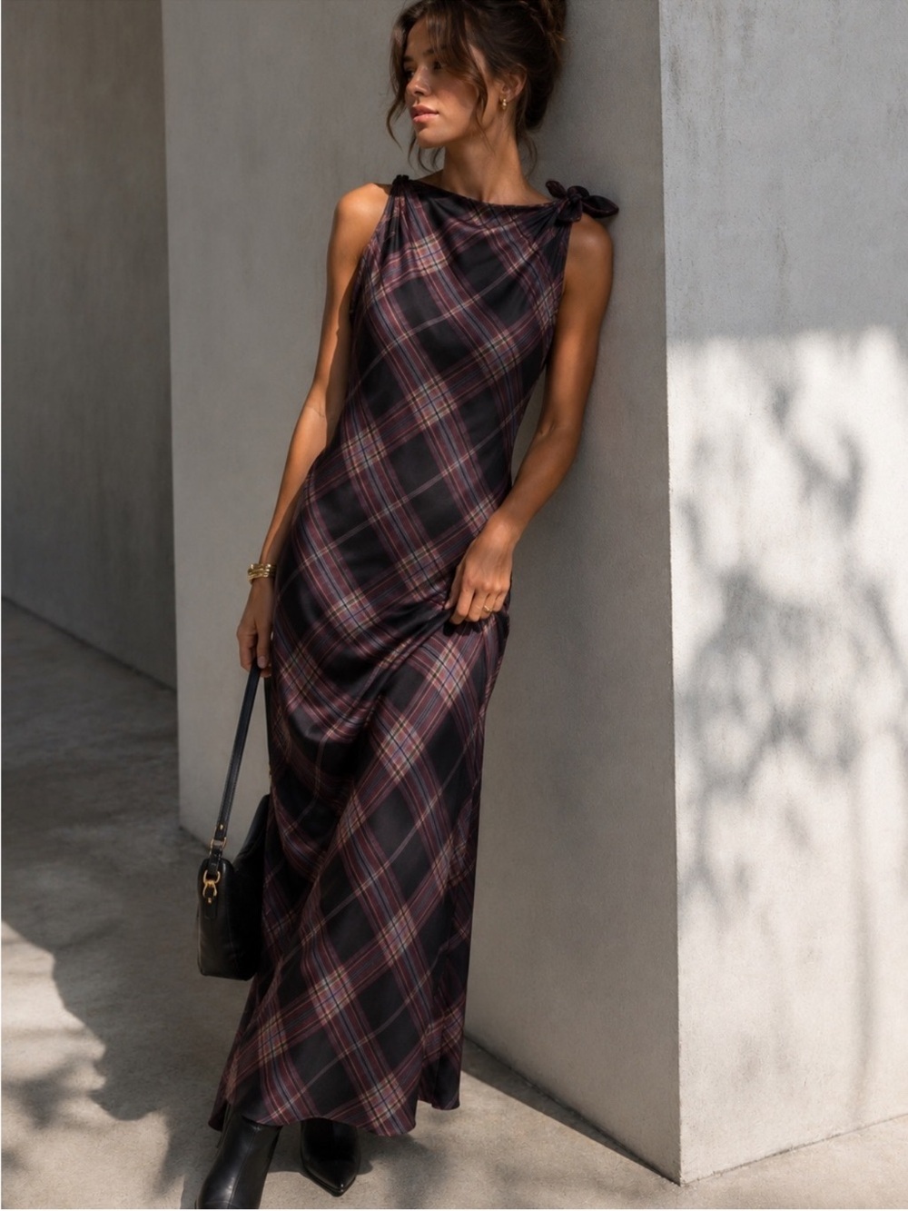 Camila Coelho Sleeveless Satin Tie Shoulder Plaid Maxi Dress M NWT